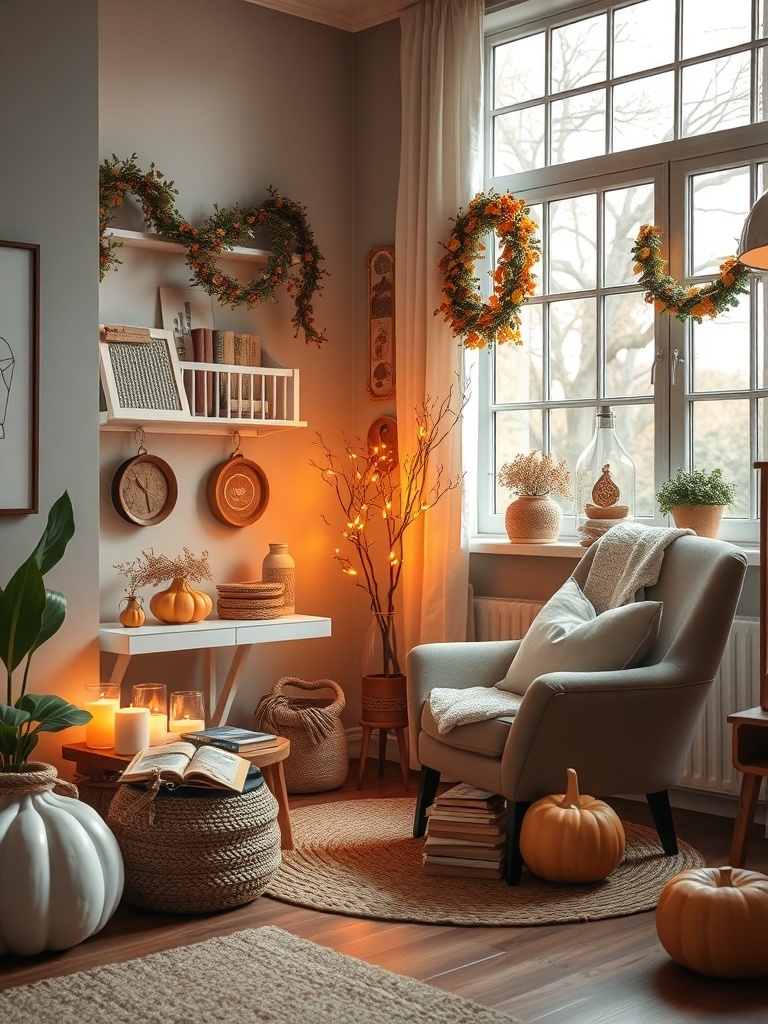 A cozy reading nook with a chair, pumpkins, and warm lighting.