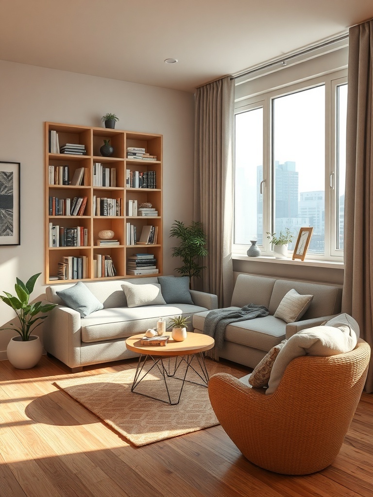 A cozy reading corner with a comfortable chair, bookshelves, and natural light.