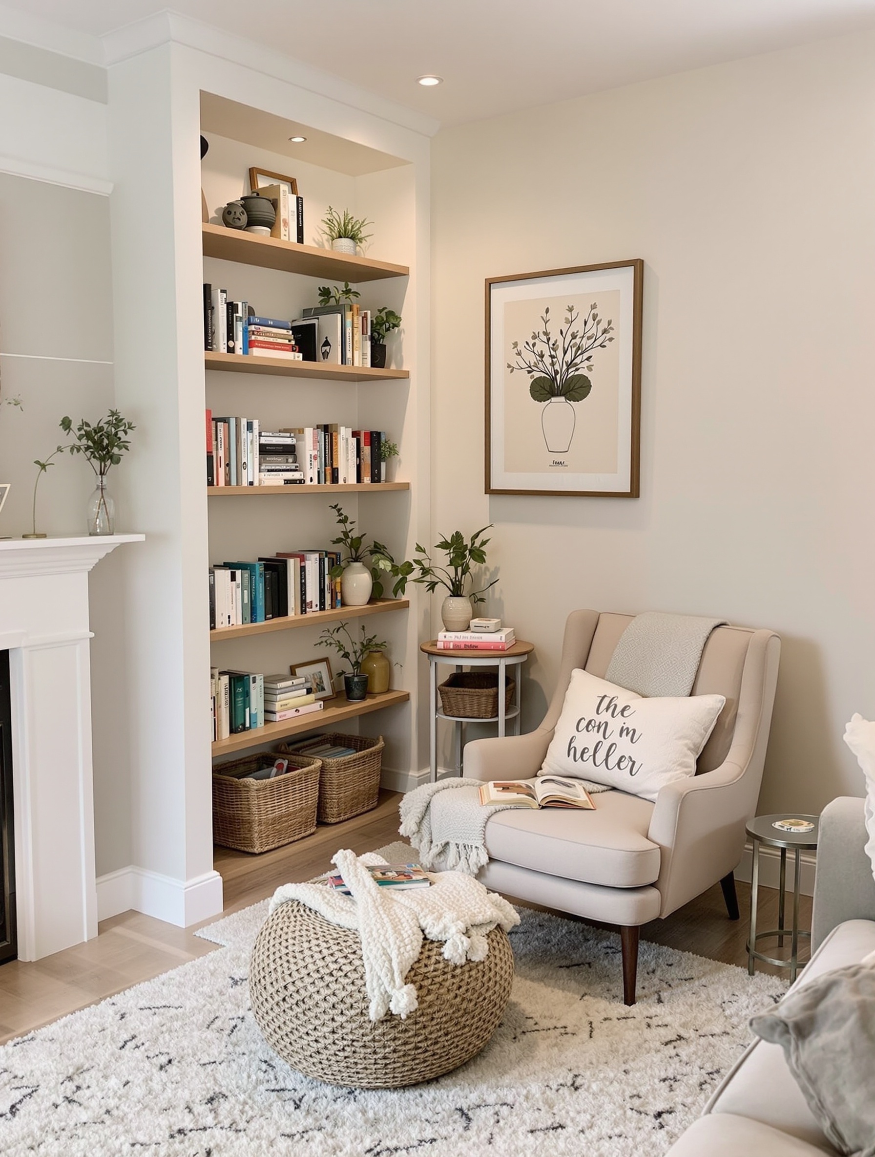 Cozy reading nook with two armchairs, a bookshelf, and soft lighting