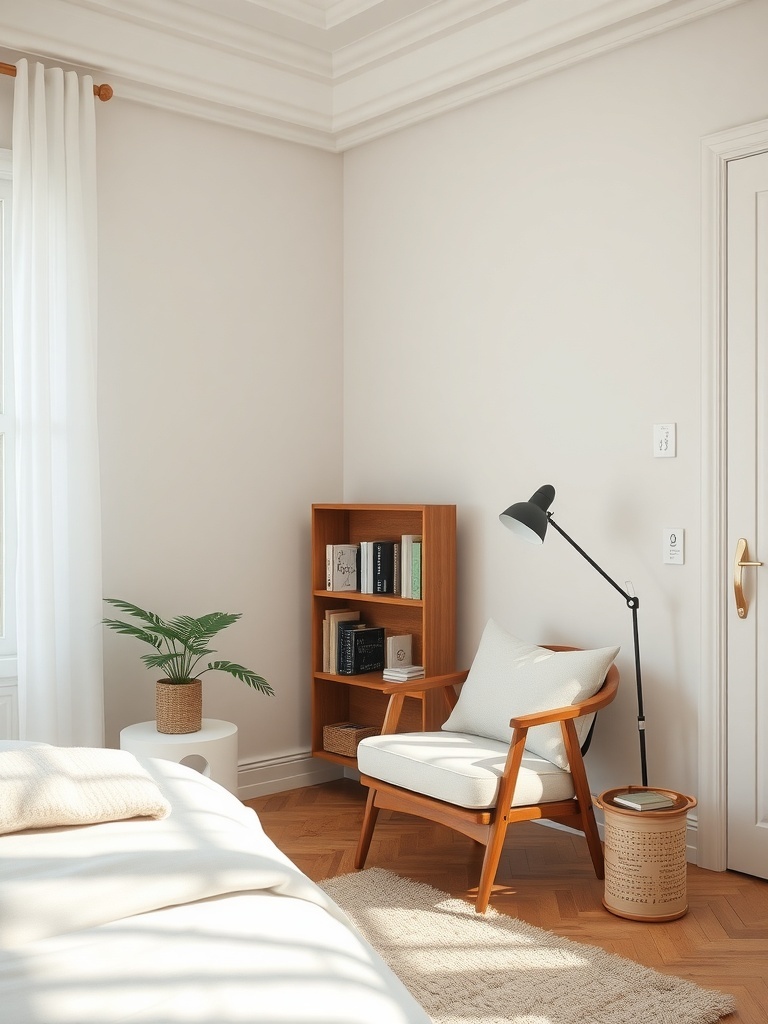 A cozy reading nook featuring a comfortable chair, a small bookshelf, and a plant.