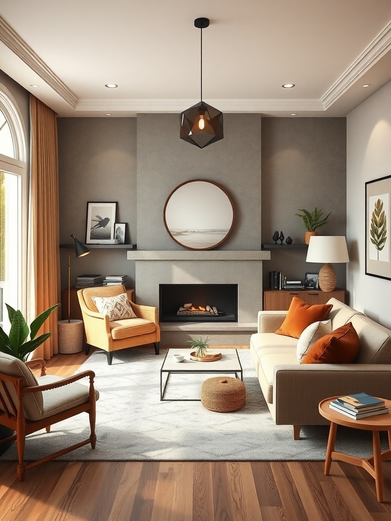 A cozy reading nook featuring earth tones with a beige sofa, orange cushions, and a fireplace.