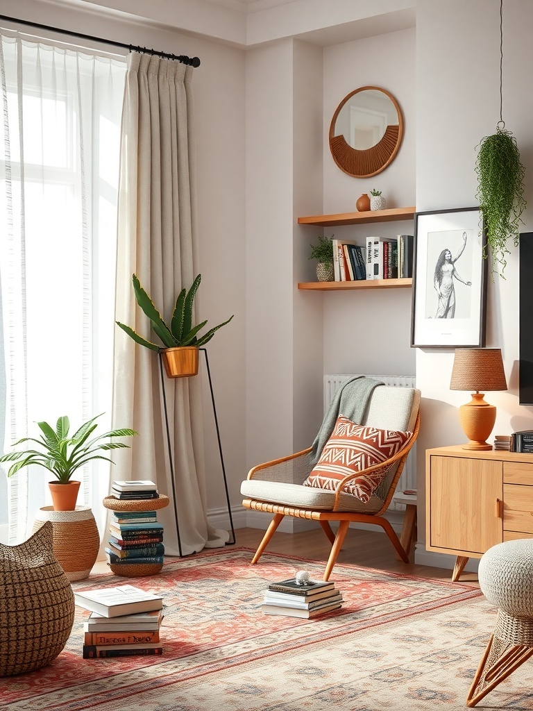 A cozy reading nook with a chair, books, and plants in a boho living room.