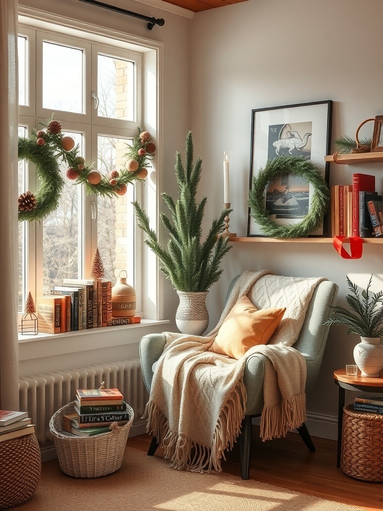 A cozy reading nook with a comfortable chair, warm blankets, and festive decorations.