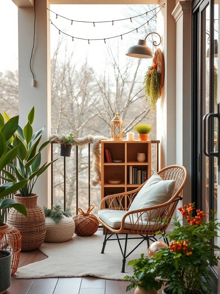 A cozy balcony reading nook with a chair, plants, and soft lighting.