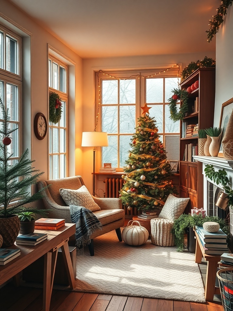 A cozy reading nook with a comfortable chair, a Christmas tree, and warm lighting.