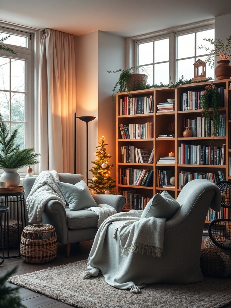 A cozy reading nook with two comfortable chairs, a bookshelf filled with books, and warm lighting.