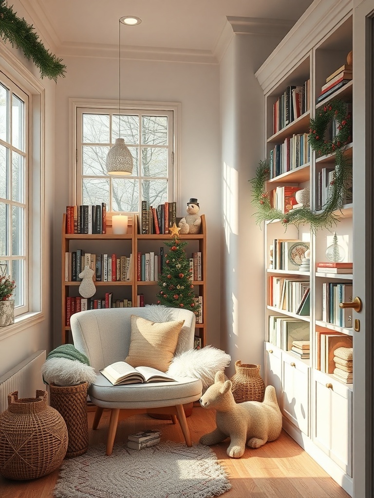 A cozy reading nook with a comfortable chair, bookshelves, and warm lighting.