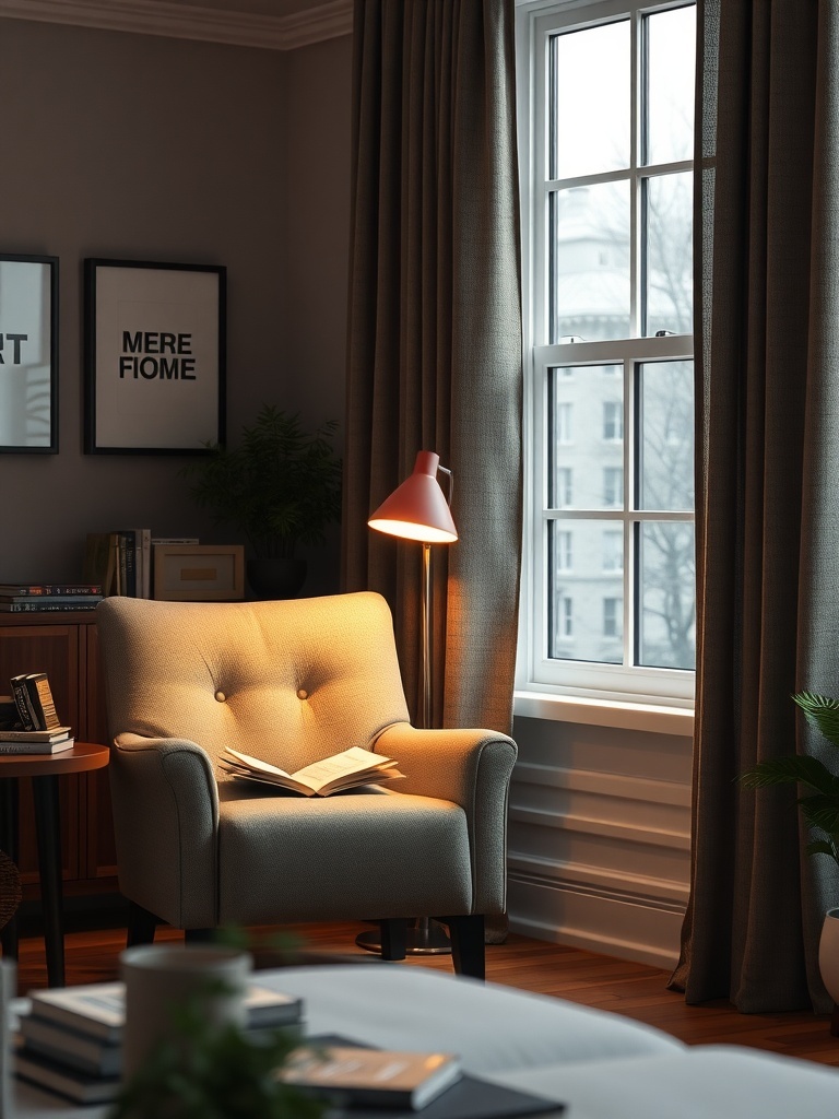 A cozy reading nook with a comfortable chair, a table lamp, and a book.