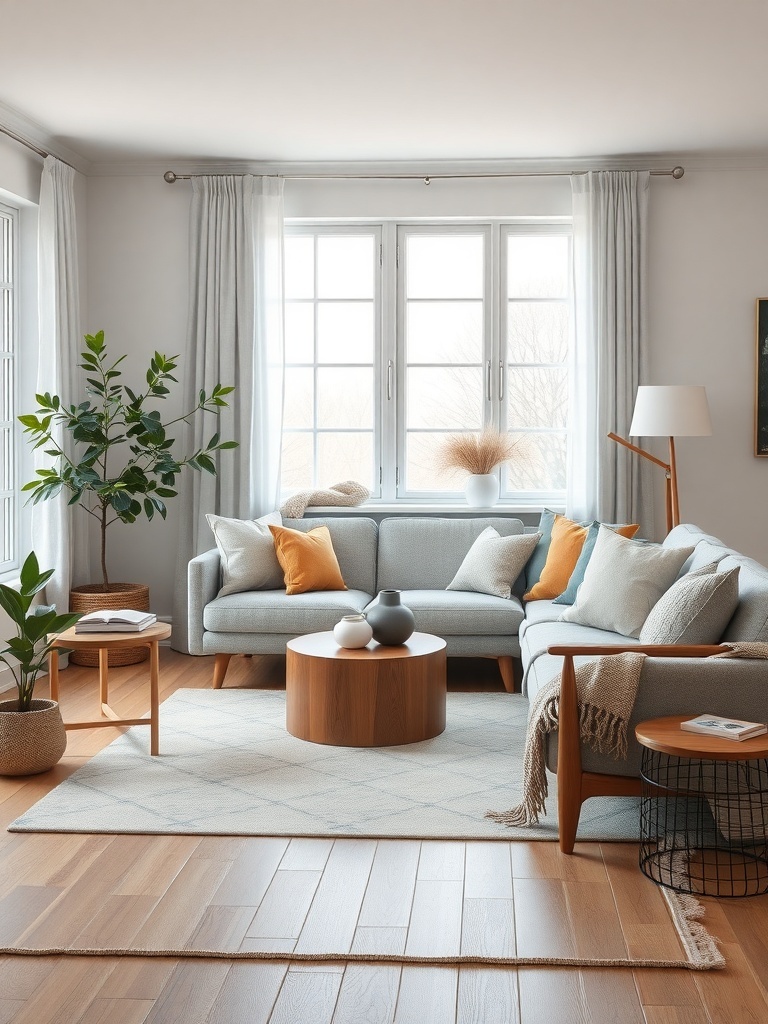 A cozy Scandinavian living room featuring a light blue sofa with cushions, a round wooden coffee table, and plants.