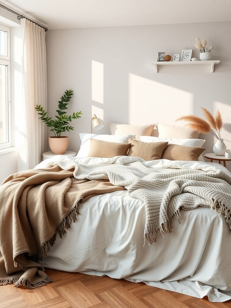 A cozy bedroom featuring a neatly made bed with beige and cream throw blankets, surrounded by natural light and simple decor.