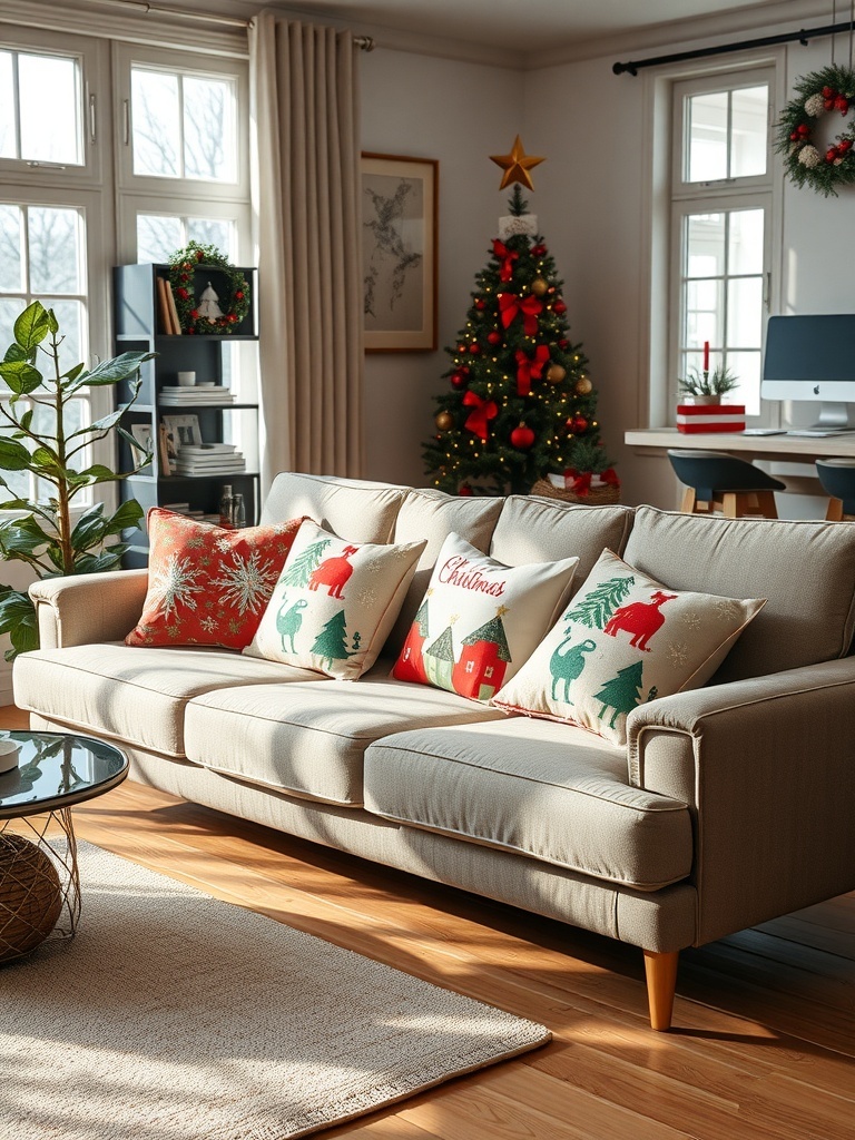 A cozy living room with a sofa adorned with Christmas-themed throw pillows.