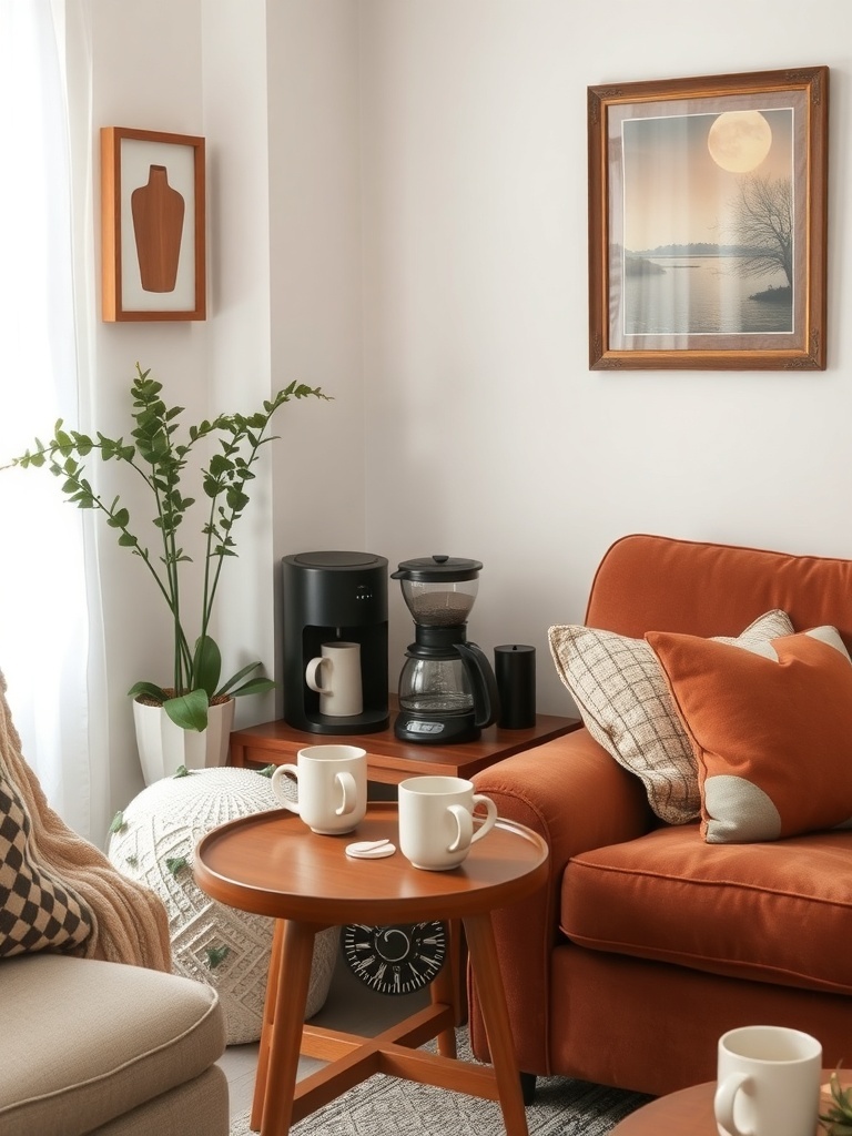 Cozy living room coffee station with a coffee maker, mugs, and a plant.
