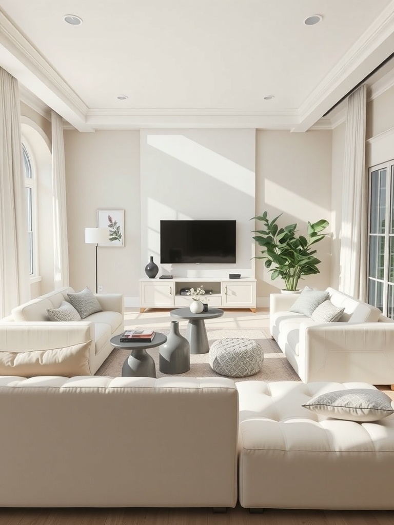 A bright living room featuring creamy off-white walls and furniture, with large windows and a touch of greenery.