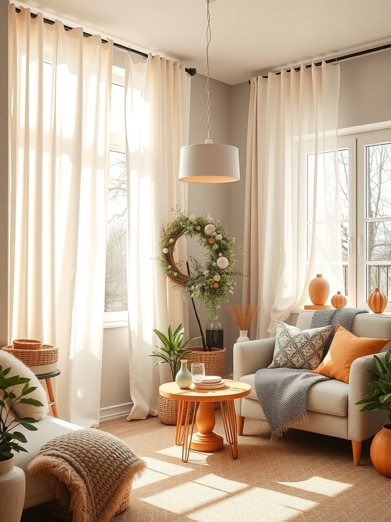 A cozy living room with creamy white curtains, plants, and warm decor.
