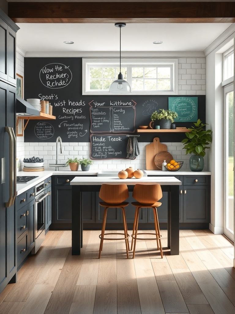 A modern kitchen featuring a chalkboard wall with handwritten notes and recipes, complemented by stylish cabinetry and a kitchen island.