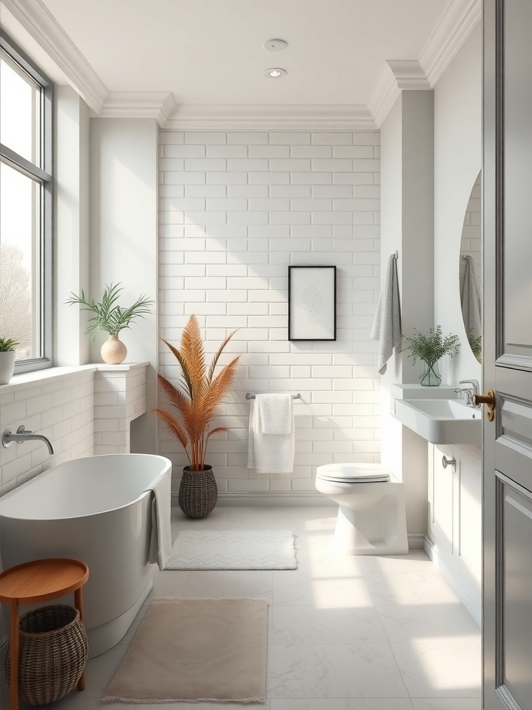 A small bathroom with white walls, gray accents, and natural light, featuring plants and soft textures.