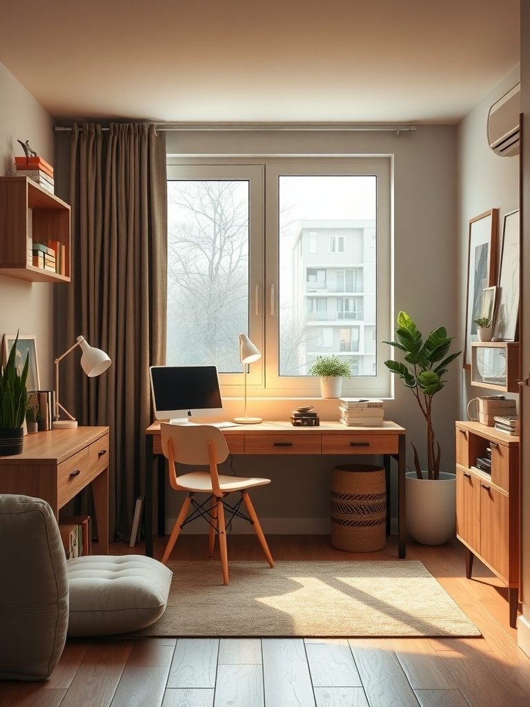 A cozy home office with warm lighting, a desk, and plants.