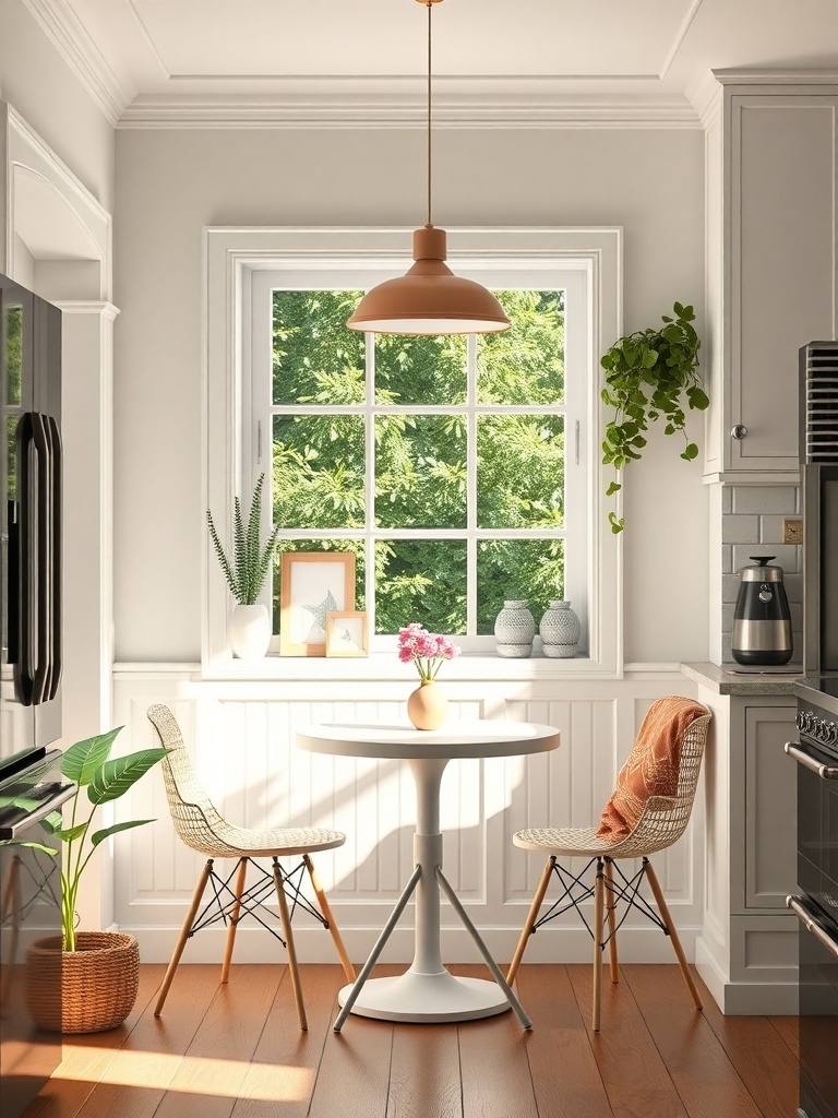 A cozy breakfast nook with a round table, two chairs, and a window view.