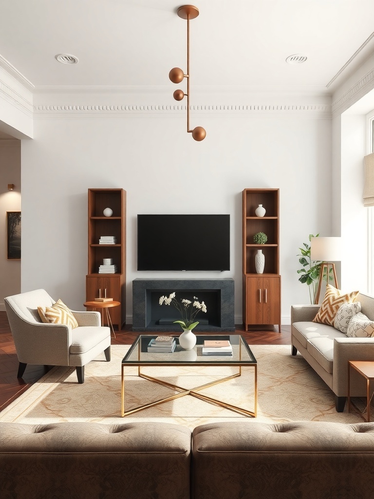 A cozy living room with a television above a fireplace, comfortable sofas, and decorative shelves.