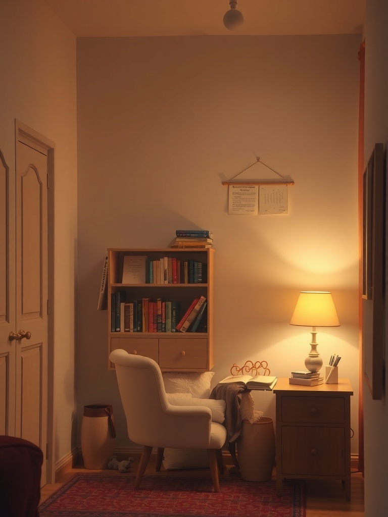 Cozy reading nook with a chair, bookshelf, and warm lighting