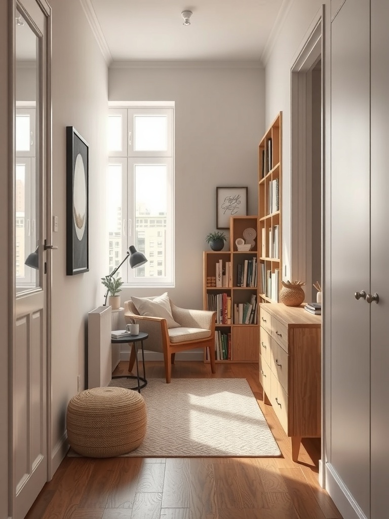 A cozy reading nook in a narrow apartment with a chair, bookshelf, and natural light.
