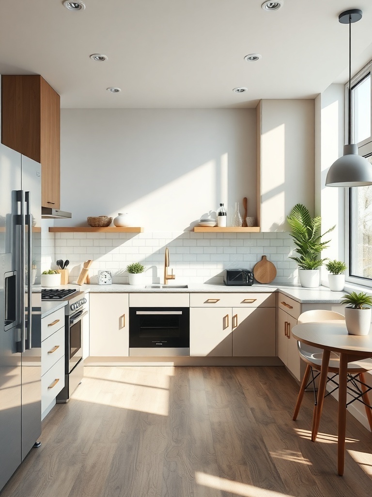 A modern kitchen with a functional layout featuring open shelving, sleek countertops, and a small dining area.