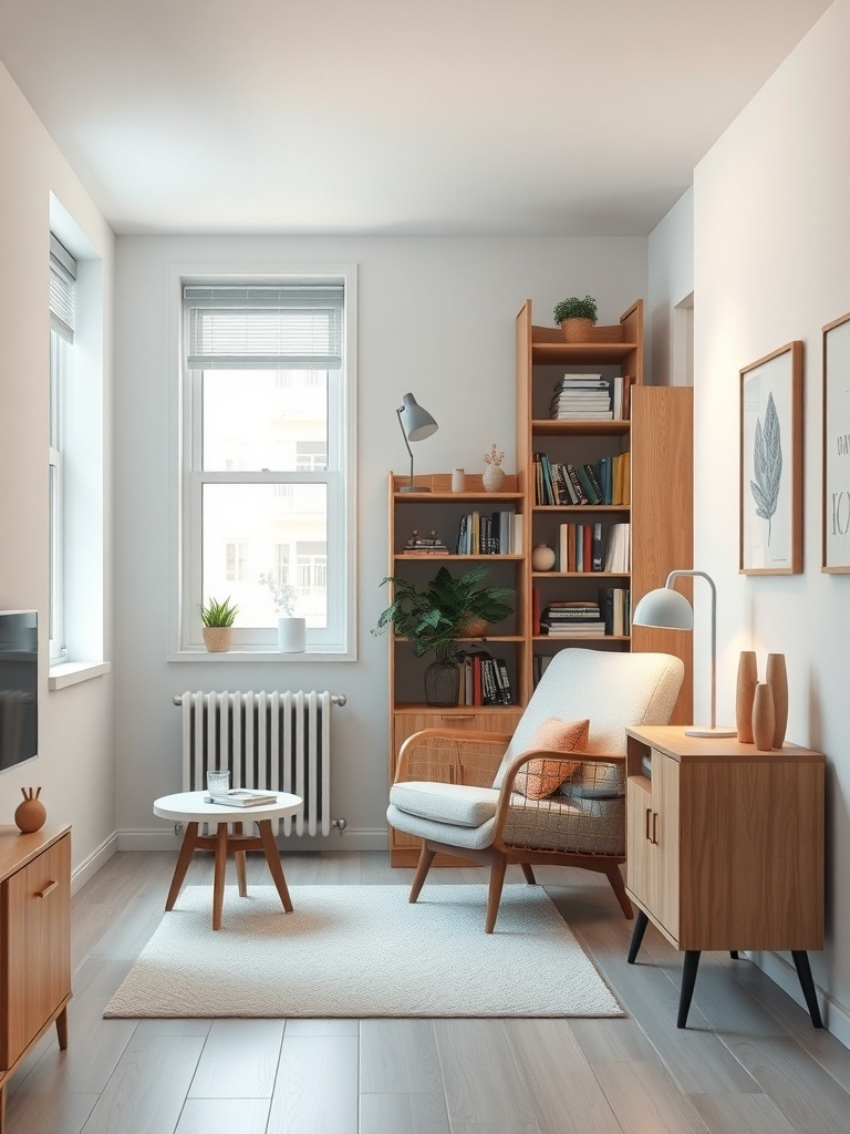 A cozy reading nook with a chair, small table, and bookshelves in a studio apartment.