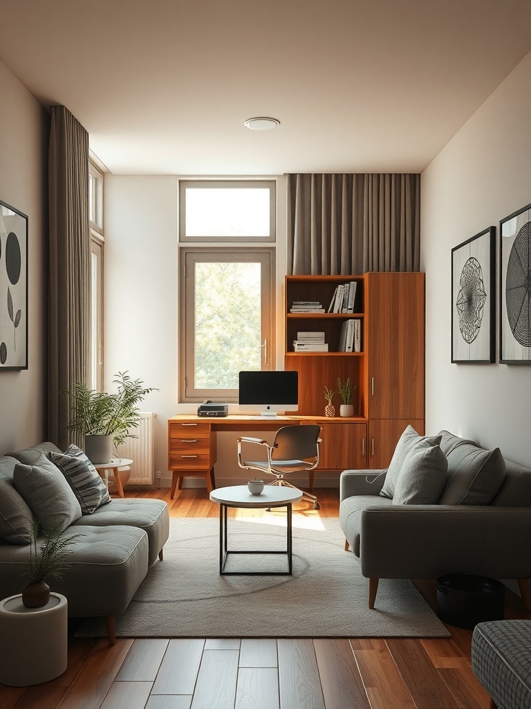 A cozy home office with soundproofing elements like curtains and a desk setup.