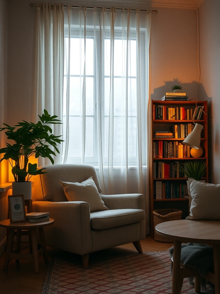 Cozy reading nook with an armchair, bookshelf, and soft lighting.