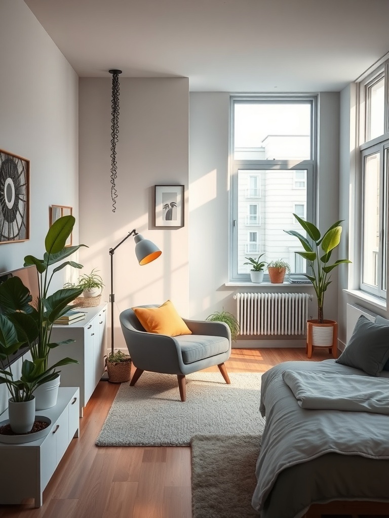 A cozy relaxation zone in a studio apartment featuring a chair, plants, and natural light.