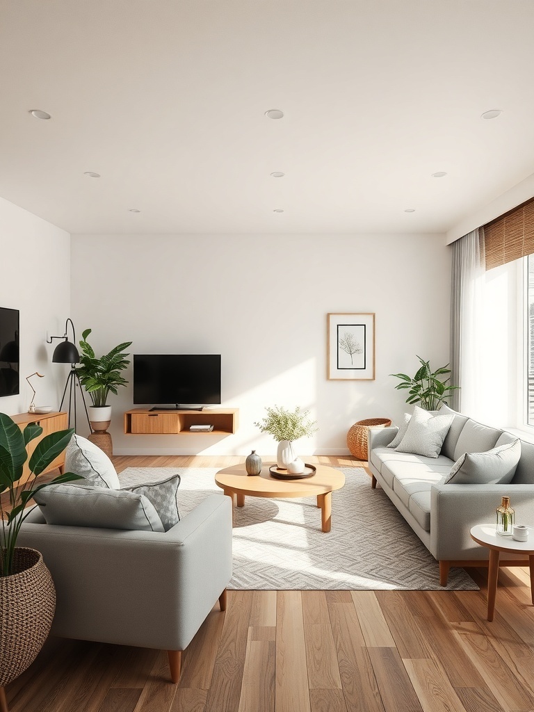 A bright Scandinavian living room featuring light colors, natural wood furniture, and plants.