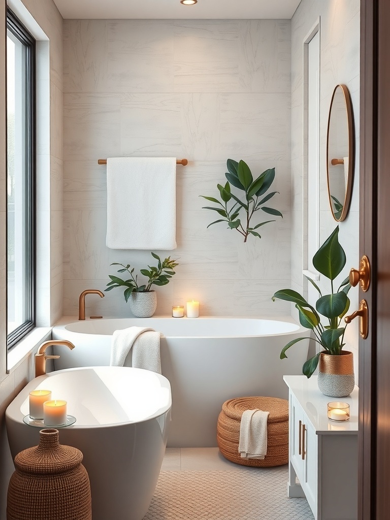 A small bathroom with a modern bathtub, plants, candles, and soft lighting.