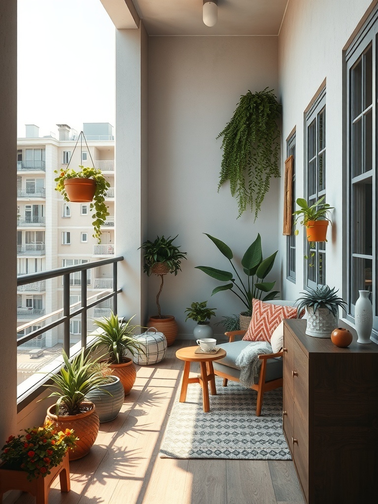 Cozy balcony with plants and seating in a narrow apartment.