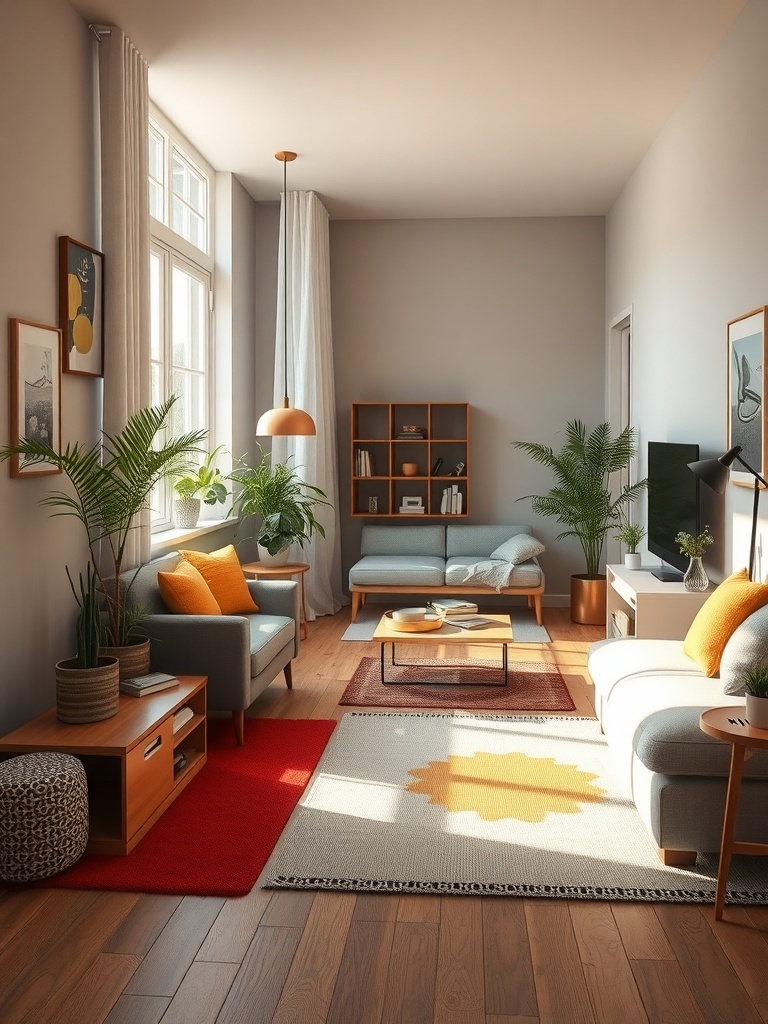 A cozy living room with area rugs that define different zones.