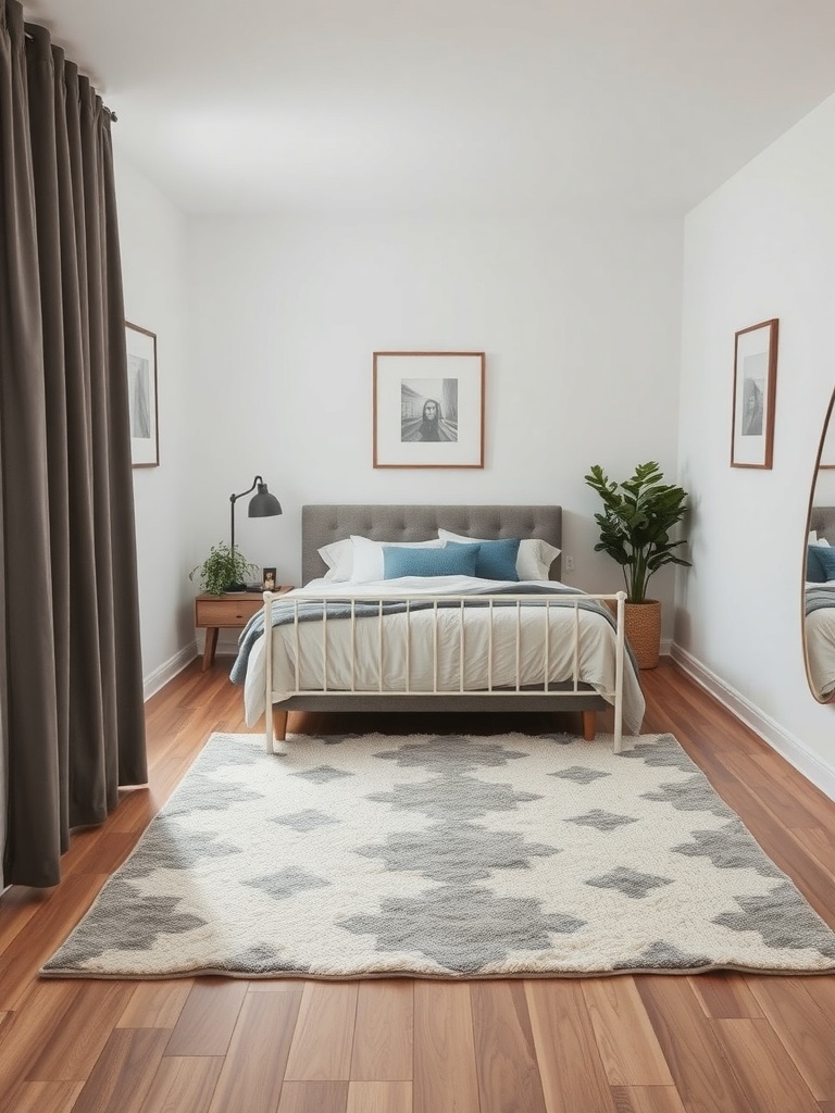 A cozy small bedroom with a large patterned rug under the bed, creating a defined space.