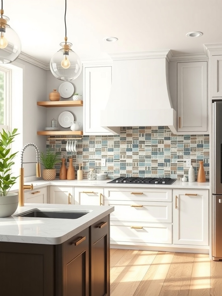 A modern kitchen featuring a colorful tile backsplash, white cabinets, and a dark kitchen island.
