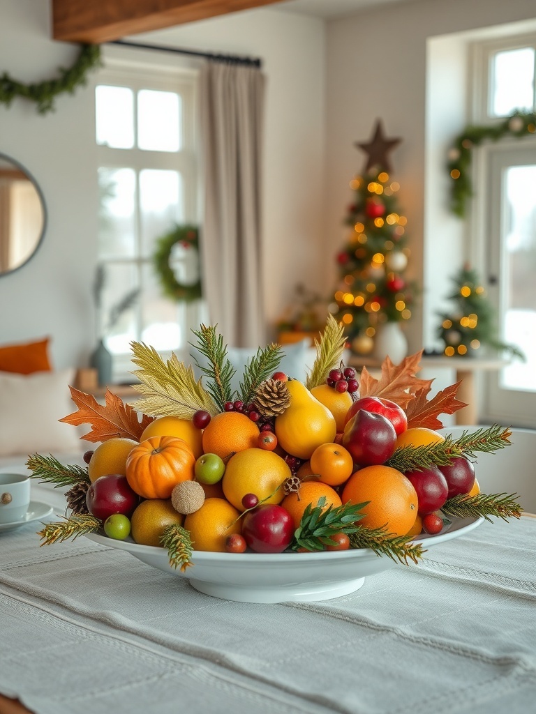 A colorful fruit centerpiece featuring various fruits and greenery on a holiday table.