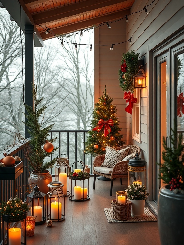 A beautifully decorated balcony with string lights, lanterns, and candles, creating a cozy atmosphere.