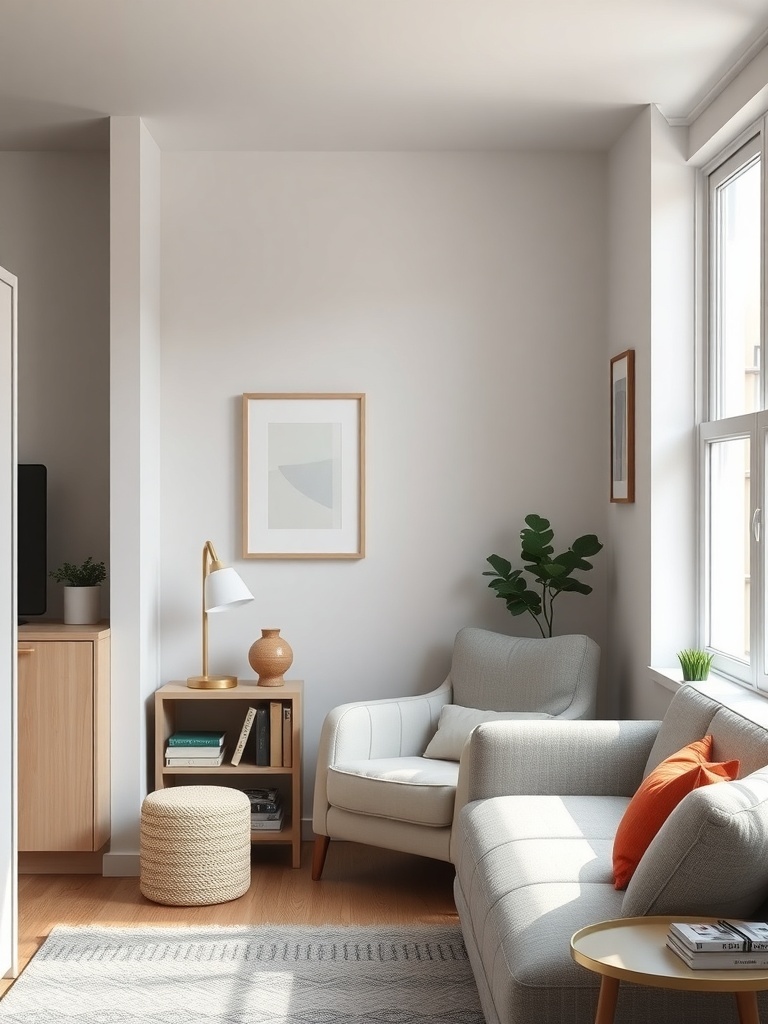 Cozy nook in a studio apartment with a chair, side table, and plant.