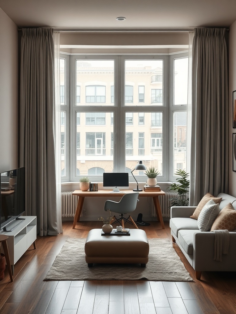 A stylish small workspace in an apartment with a desk, plants, and a cozy sofa.