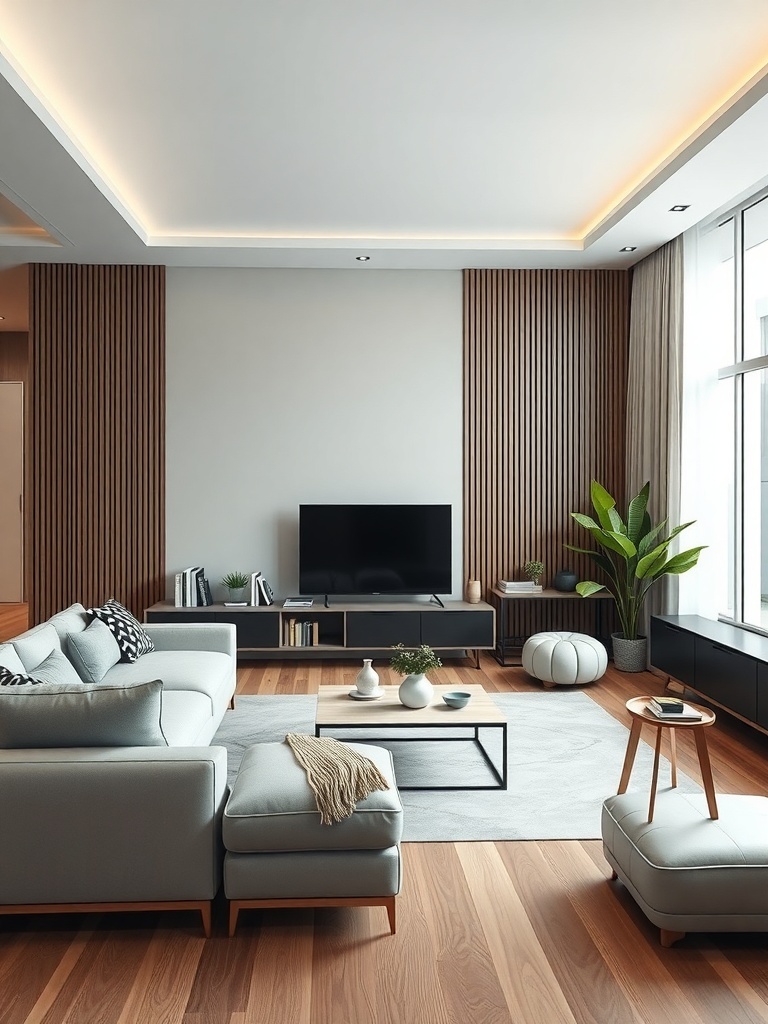 Minimalist living room with wooden wall panels and modern furniture