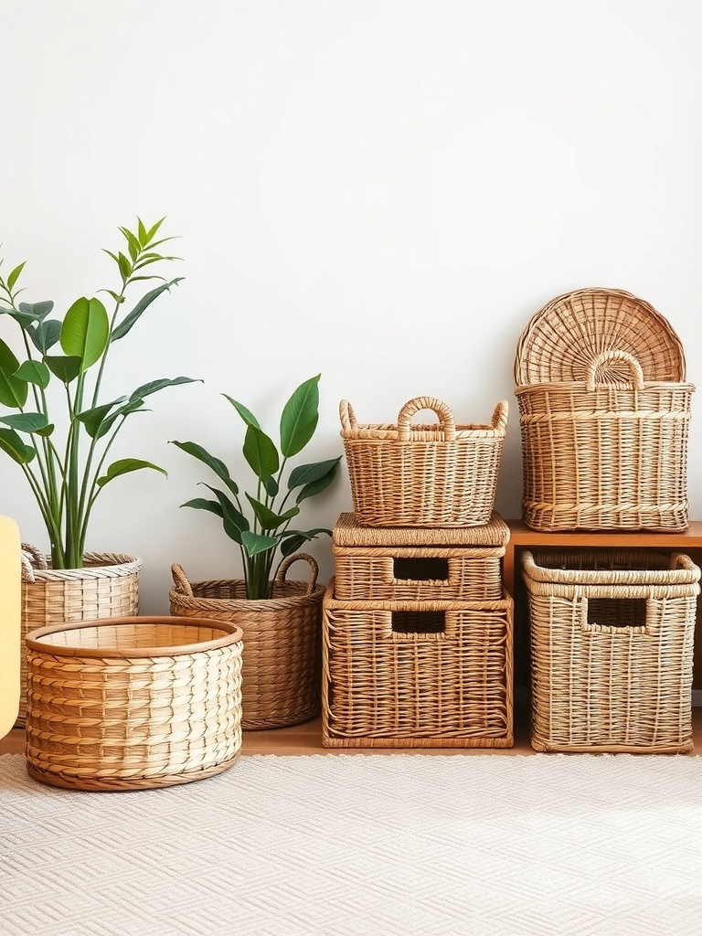A collection of woven baskets and boxes for storage in a living room setting.