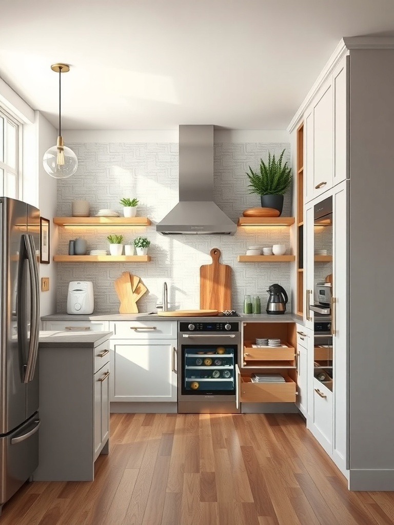 A modern kitchen with open shelving, sleek cabinetry, and integrated appliances.