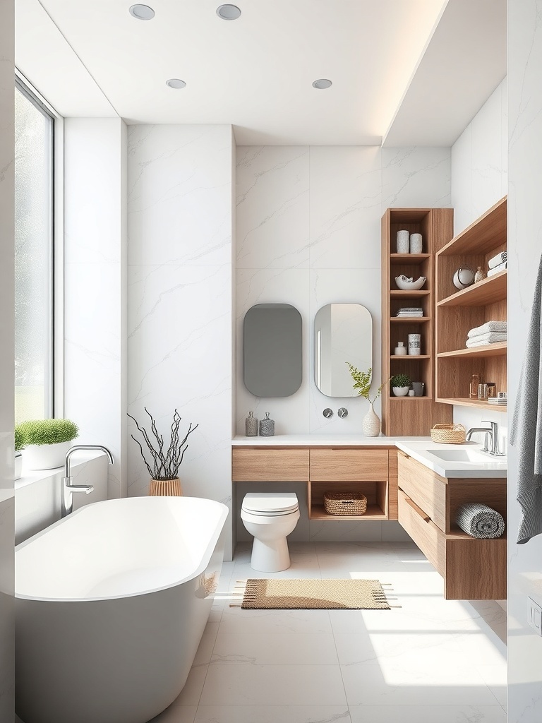A modern bathroom featuring wooden storage solutions, a freestanding bathtub, and large windows.