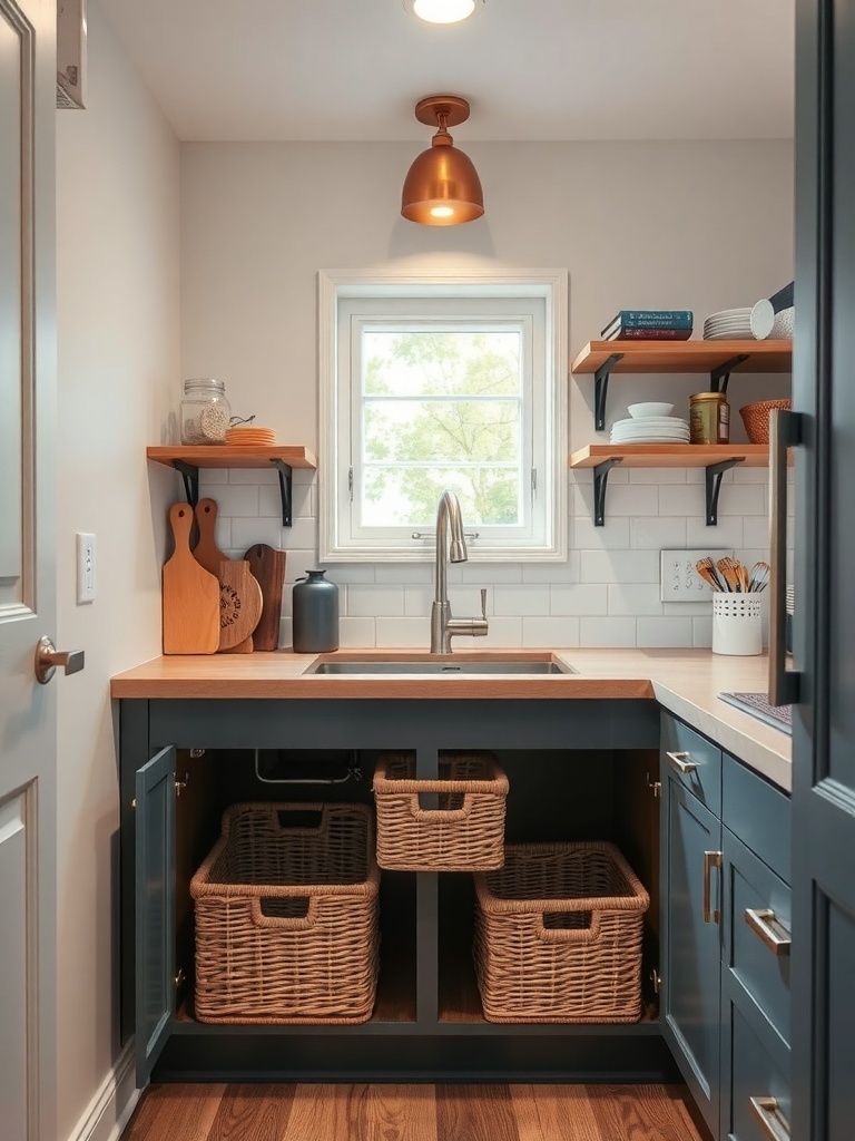 A small kitchen with dark cabinetry, a wooden countertop, and woven baskets under the sink for storage.