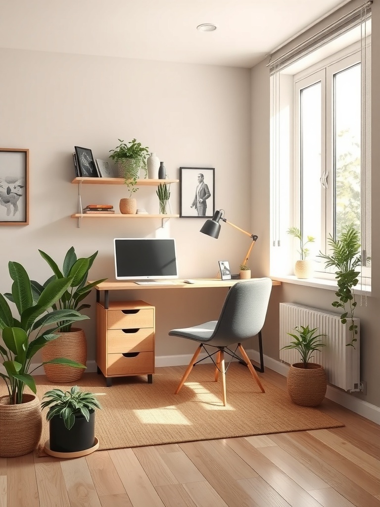 A compact home office in a corner with a desk, chair, and plants.