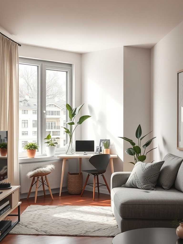 A cozy corner of a living room with a desk, chair, and plants.