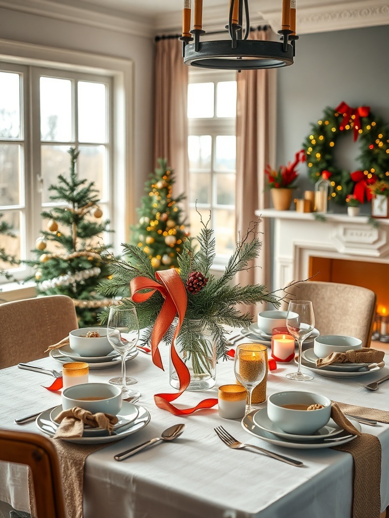 A beautifully decorated holiday table featuring a centerpiece with a red ribbon.