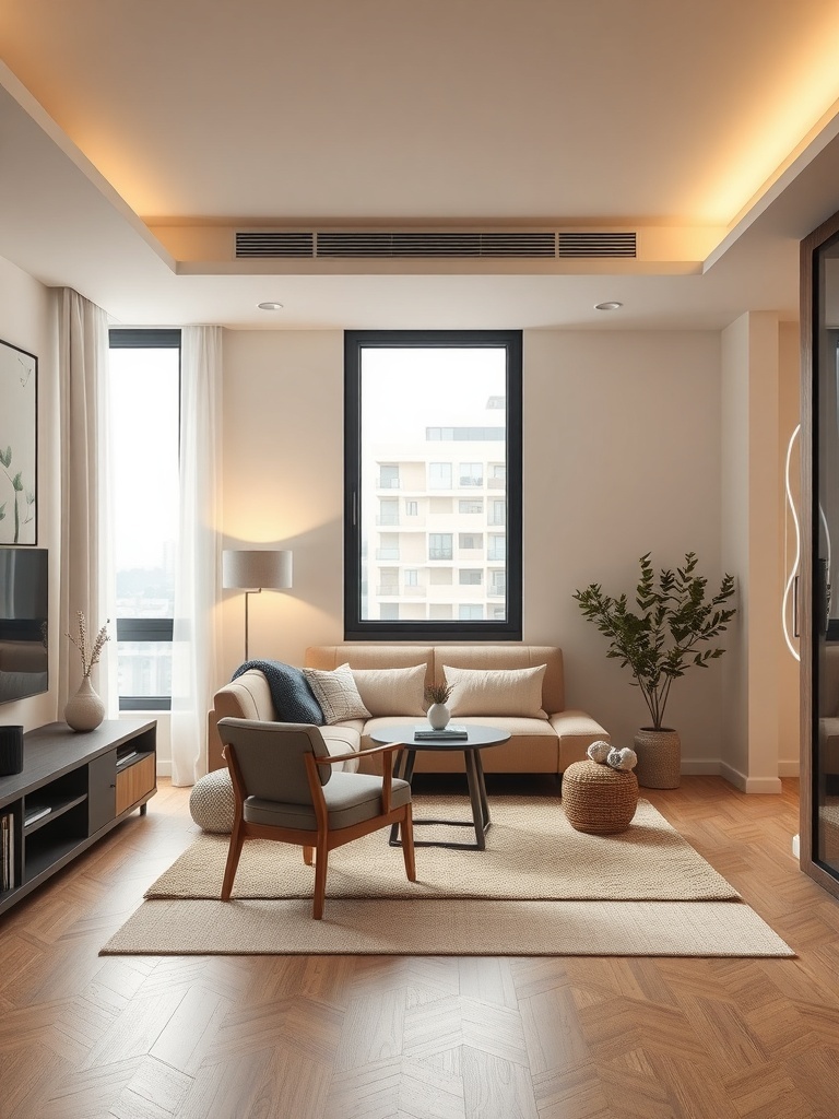 A cozy condo living room with soft lighting and modern decor.
