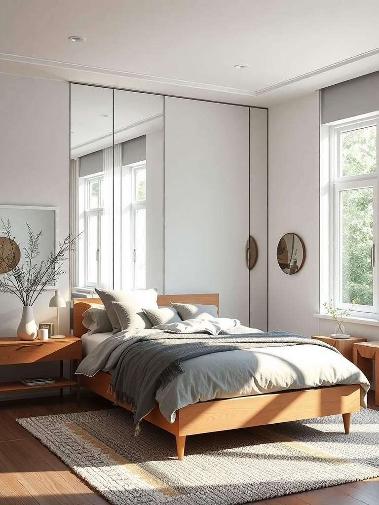 A modern bedroom featuring a large mirrored wardrobe, round wall mirrors, and a cozy bed with neutral bedding.